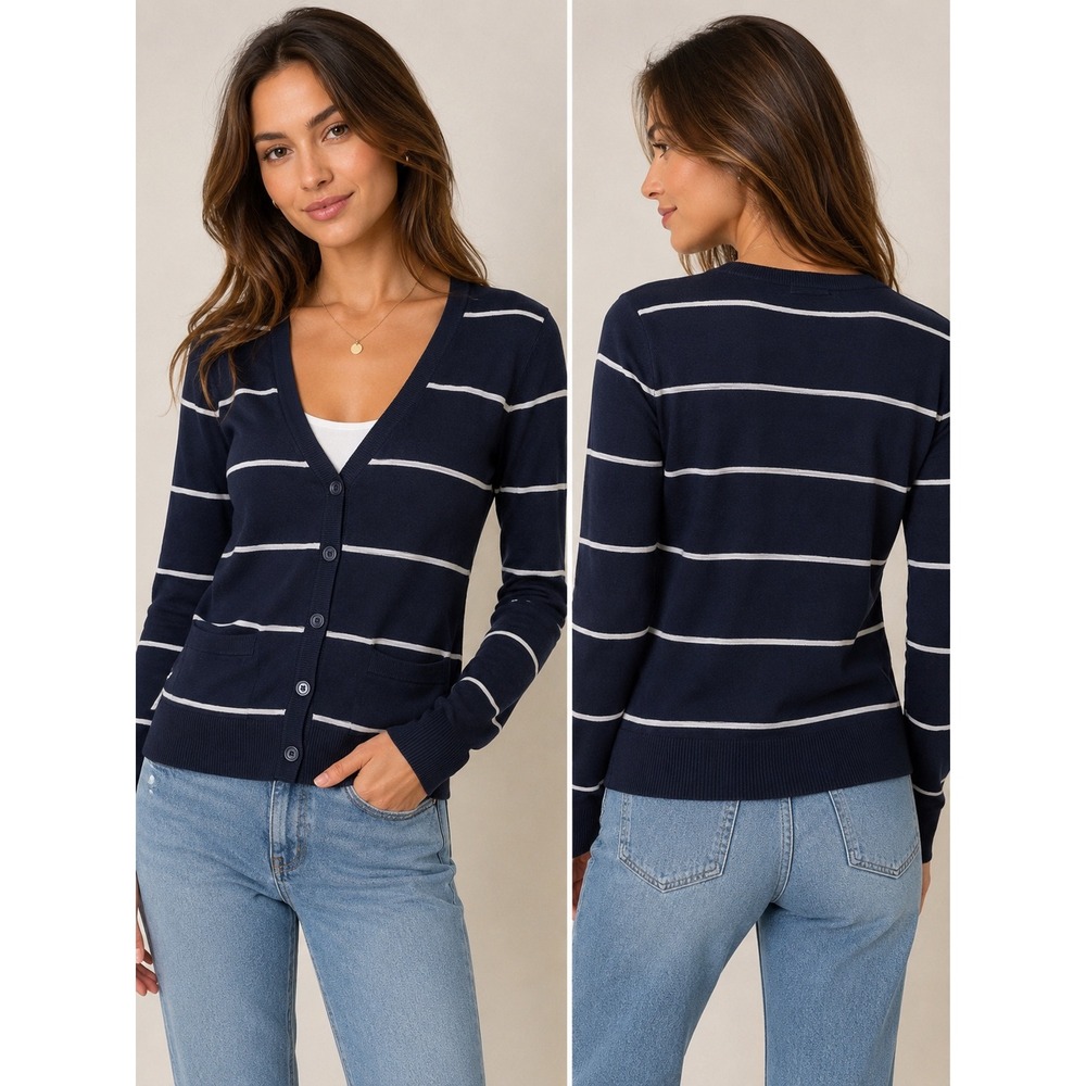 Vince Womens Navy Blue White Striped Cotton V-Neck Cardigan Sweater Size M‎